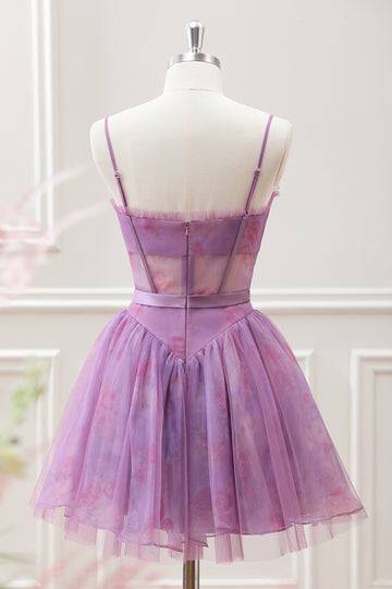 Cute Purple A Line Spaghetti Straps Floral Corset Mini Dress